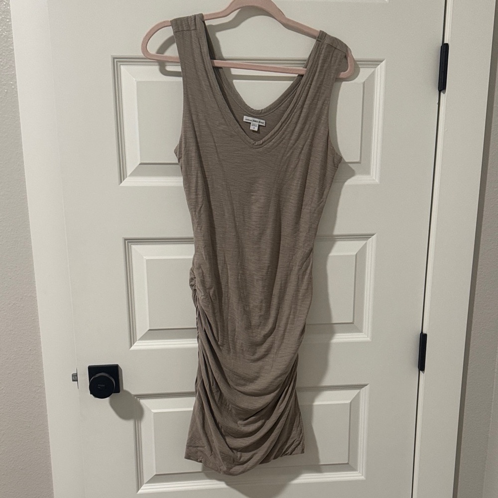 James Perse Taupe Ruched V-Neck Midi Dress